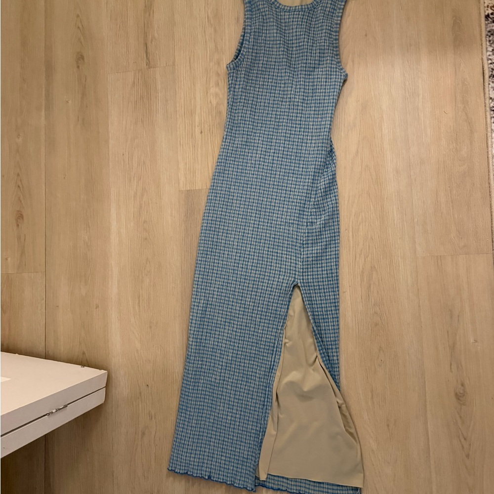 Aritzia Blue Check Sleeveless Maxi Dress with Side Slit